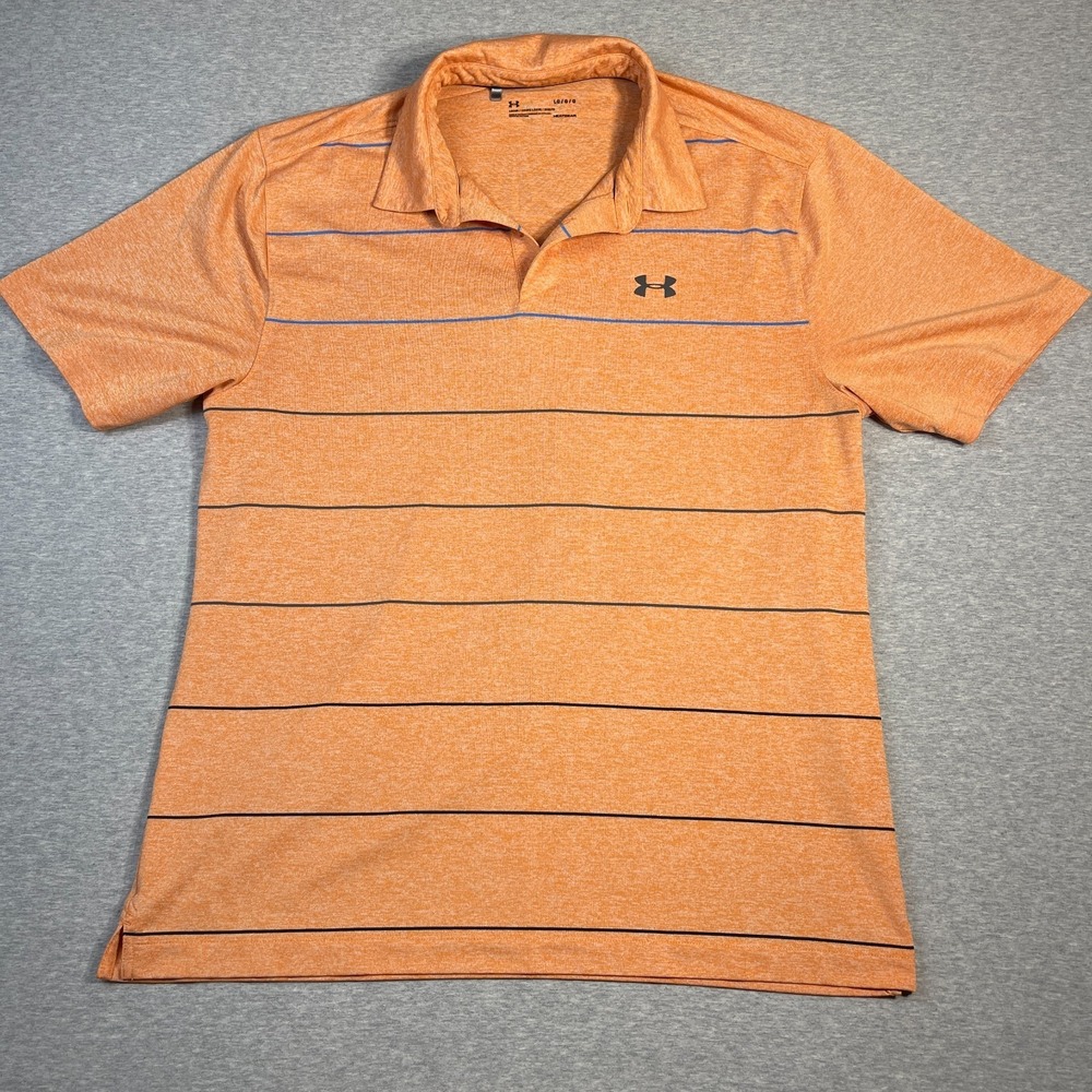 Under Armour Men L Tech Polo Shirt Orange Blue Heathered Striped Golf HeatGear